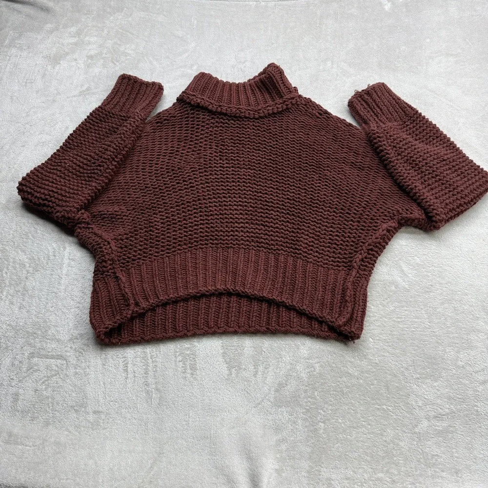 Free People Sweater Women XL Brown Chunky Knit Mock Neck Cropped OB995519